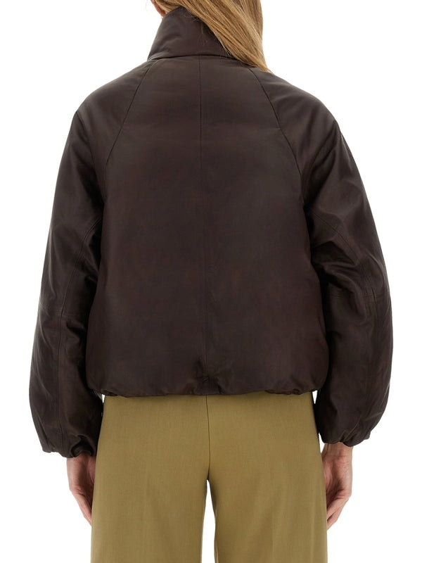 High Neck Brown Leather Jacket