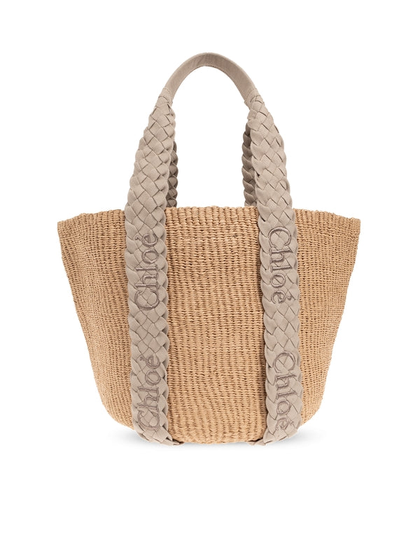 Woody Logo Raffia Large Tote
  Bag