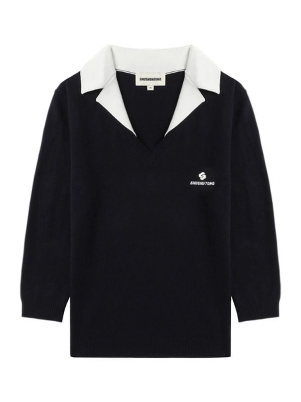 Patchwork Lapel Silk Cashmere Navy Knit