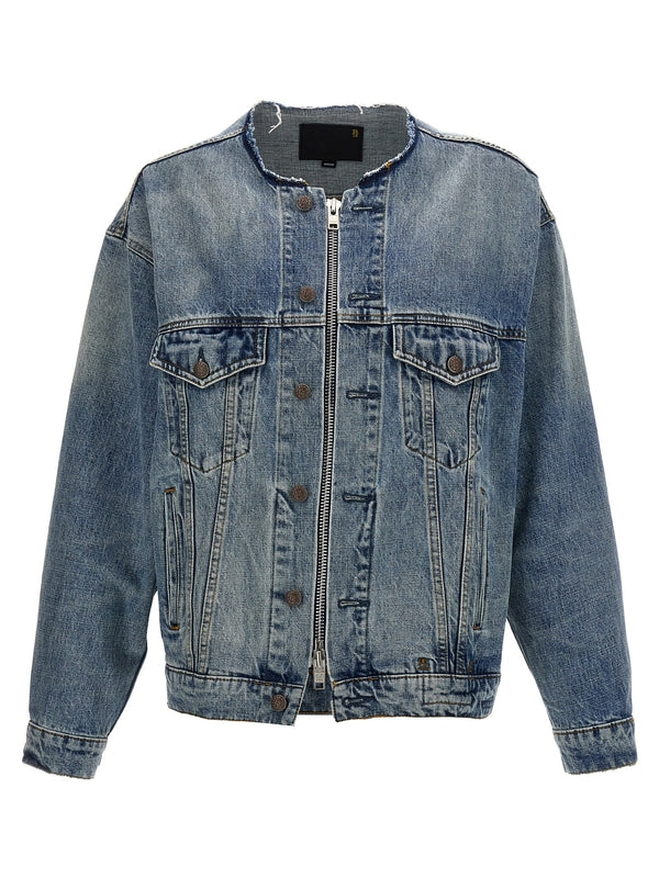 Collarless Zip-Up Denim Jacket