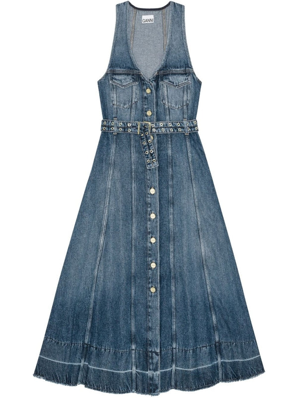 V-neck Belt Detail Denim Long Dress