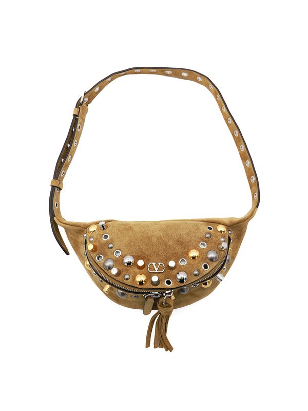 V Logo Jewel Embellished Suede
  Shoulder Bag