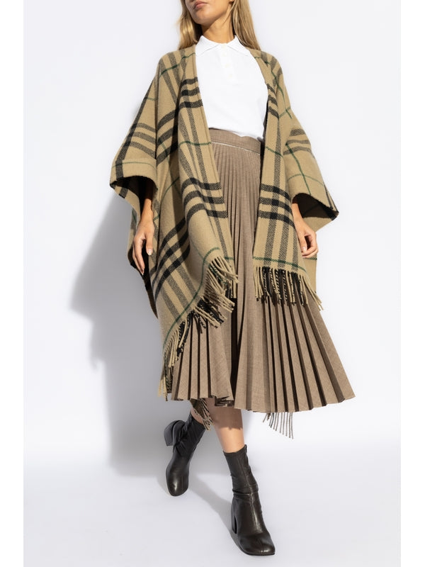 Check Fringe Wool Cashmere Cape