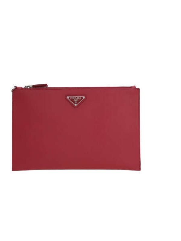 Triangle Logo Saffiano Leather Clutch Bag