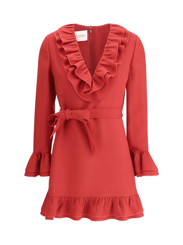 Belt Ruffle Detail Wool Silk
  Mini Dress
