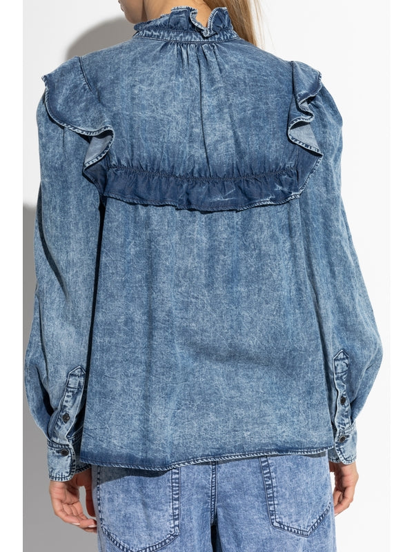 Ruffle Detail Highneck Denim Shirt