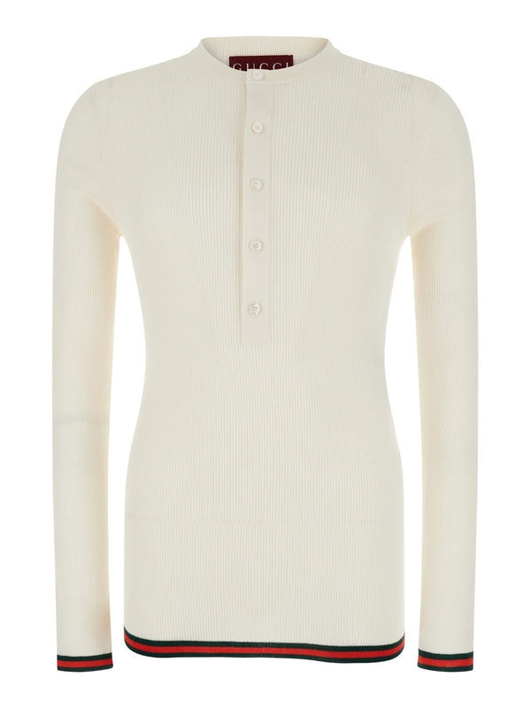 White Long Sleeved Top in Rib Silk Man Long Sleeve