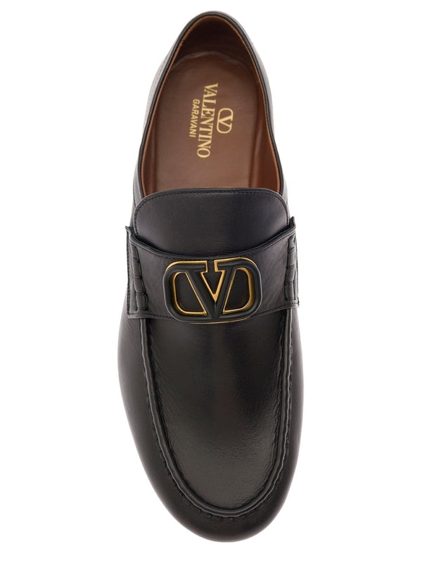 Black Slip-On Loafers with VLogo Detail in Leather Man Loafers