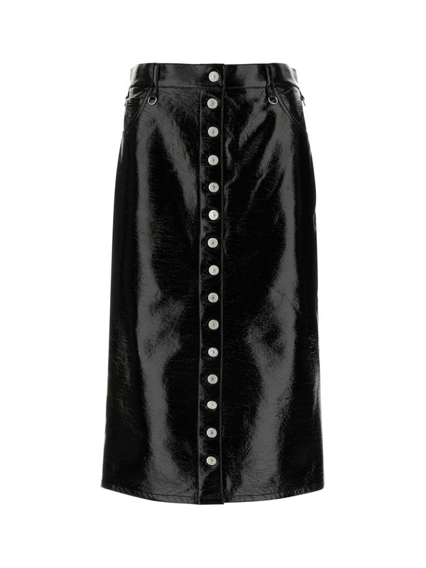 Button Detail Faux Leather Midi Skirt
