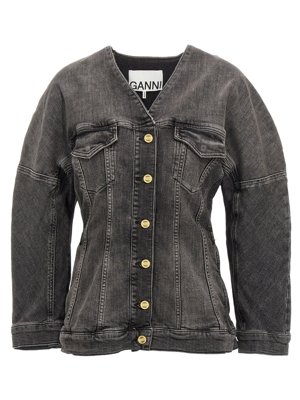 Collarless V-Neck Denim Jacket