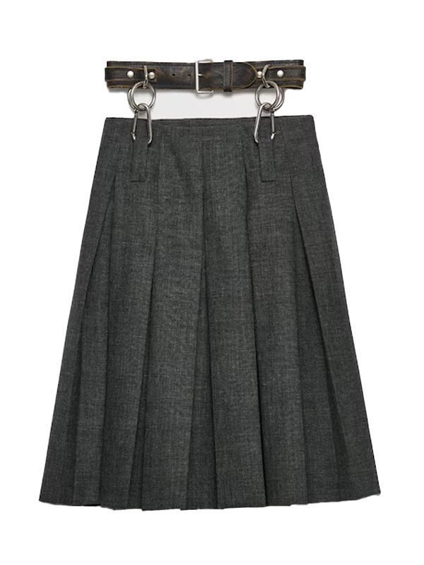 Belt Detail Pleated Virgin Wool Skirt