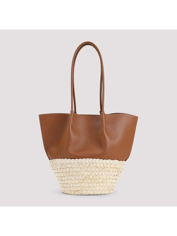 Bux T Logo Raffia Leather Tote Bag