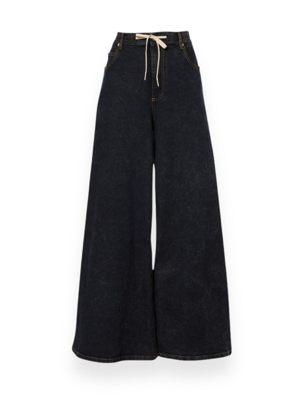 Back Logo Patch Drawstring Wide Denim Pants