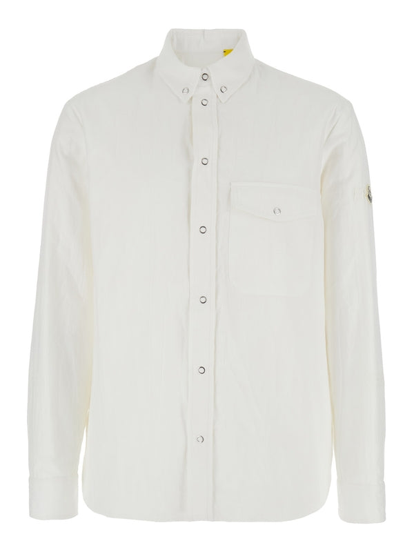 White Shirt with Classic Collar and Logo Patch on the Sleeve in Cotton Man Shirts