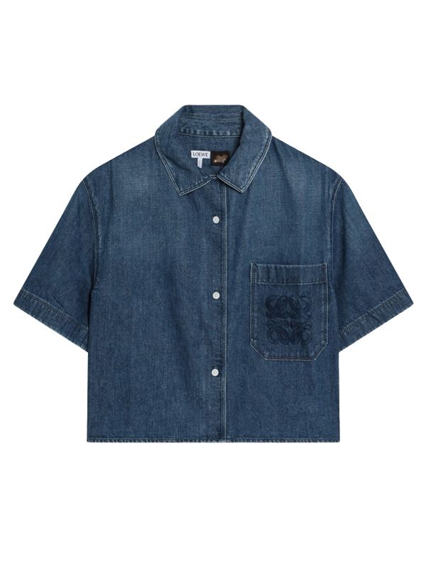 Anagram Embroidered Denim Short-Sleeve Shirt