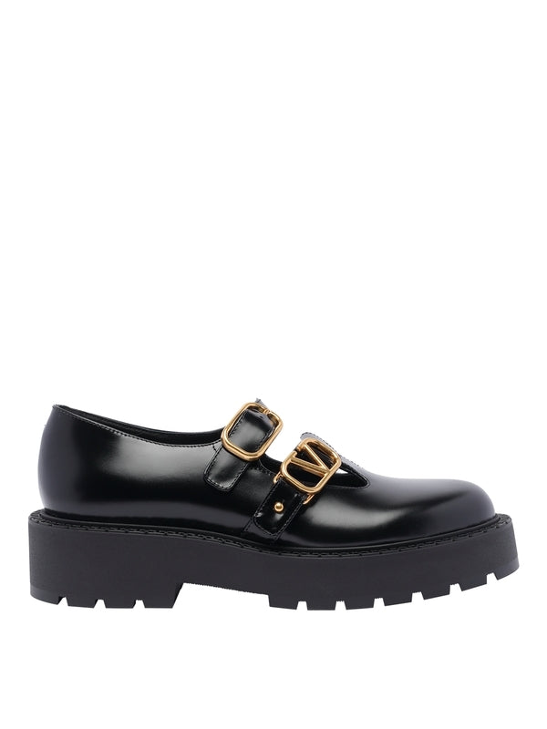 V Logo Buckle Mary Jane Leather Loafers