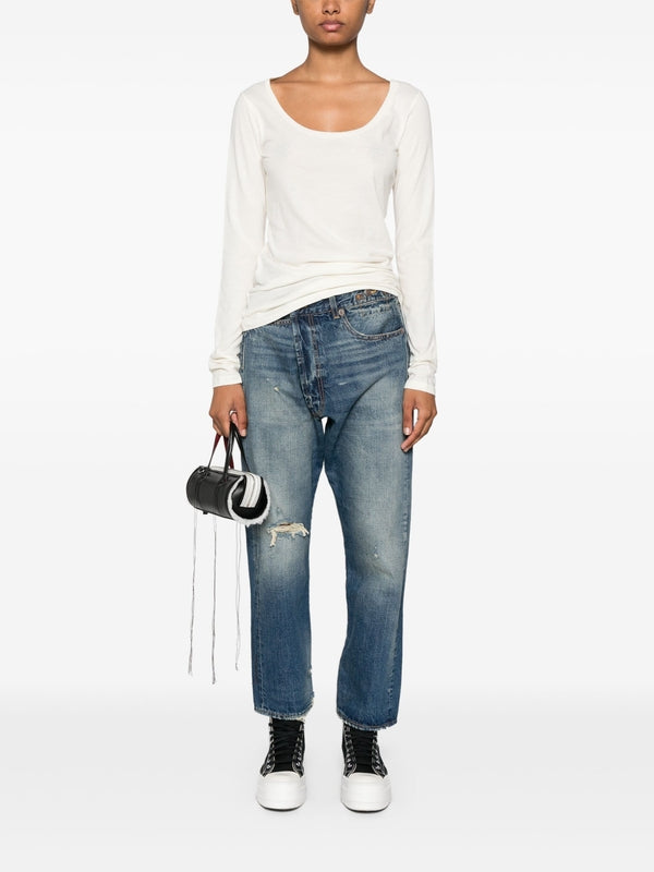 White Deep Neck Long Sleeve