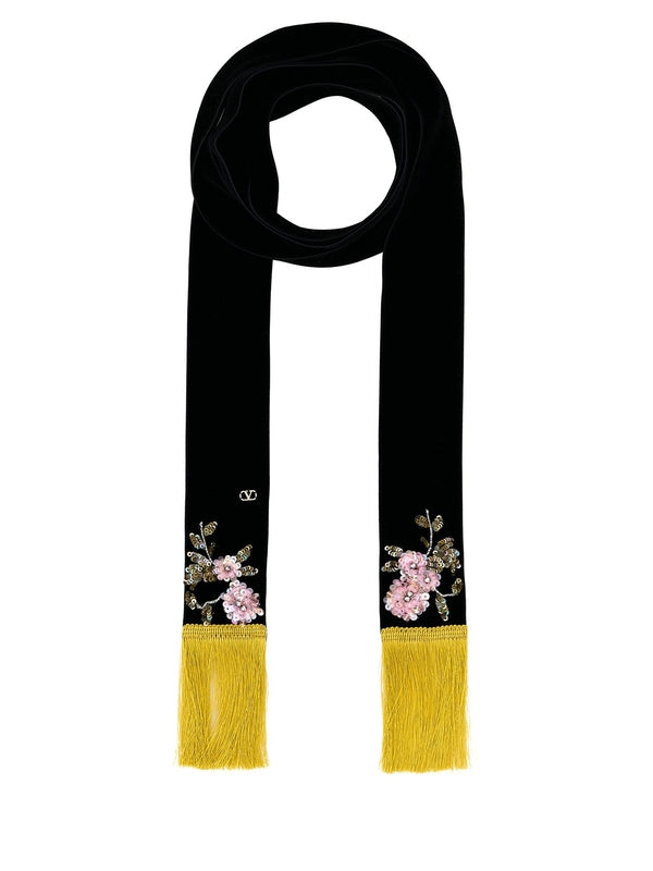 Flower Beads Embroidered Velvet Scarf