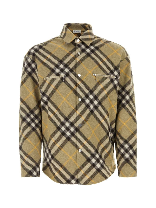 Zipper Pocket Check Wool Blend Shirt