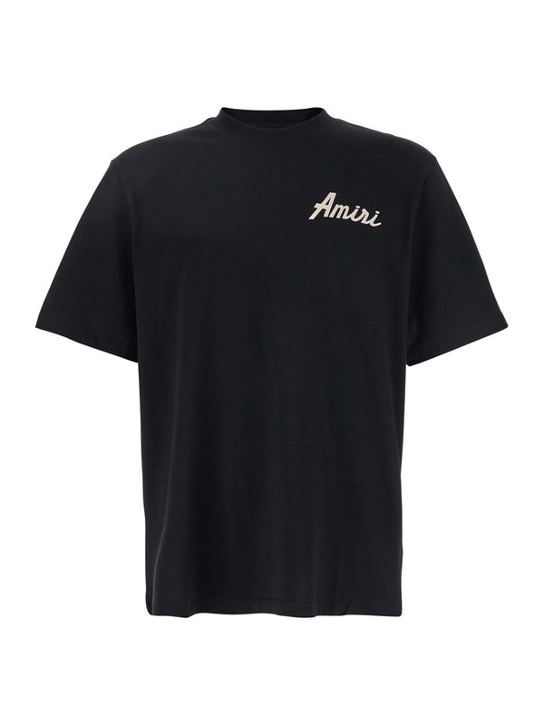 'City'Black Crewneck T-Shirt with Logo Detail on the Front and Maxi Logo Print on the Rear in Cotton Man Half Sleeve