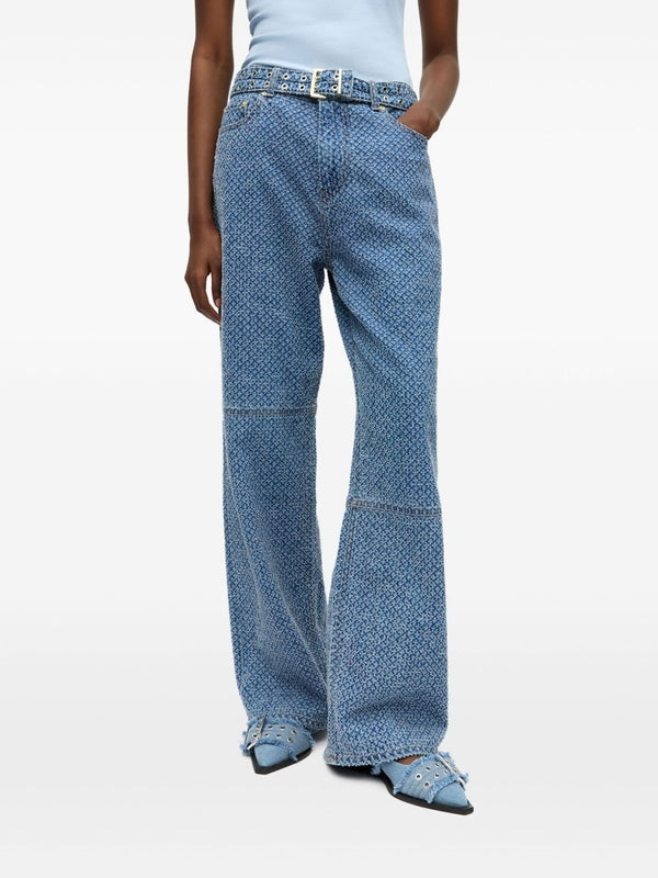 All Over Pattern Eyelet Belted Denim Pants