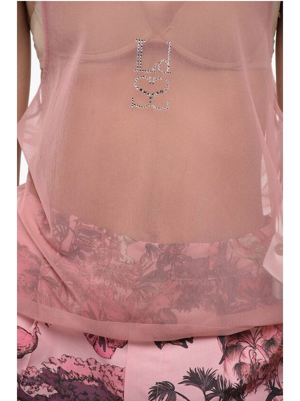 Logo Rhinestone Sheer Sleeveless Top