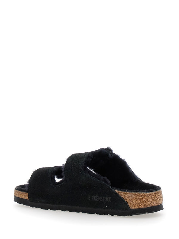 'Arizona' Black Sandals with Logo Lettering on the Buckle in Suede Woman Sandals
