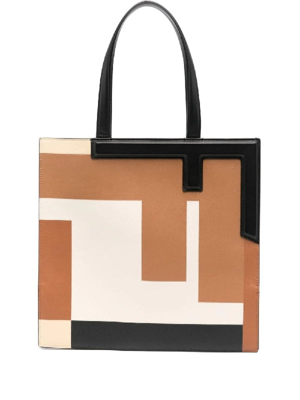 Color Block FF Leather Flip Tote Bag