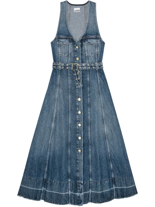 V-Neck Belt Detail Denim Long Dress
