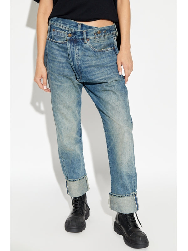 Asymmetric Waist Turn-Up Denim Pants