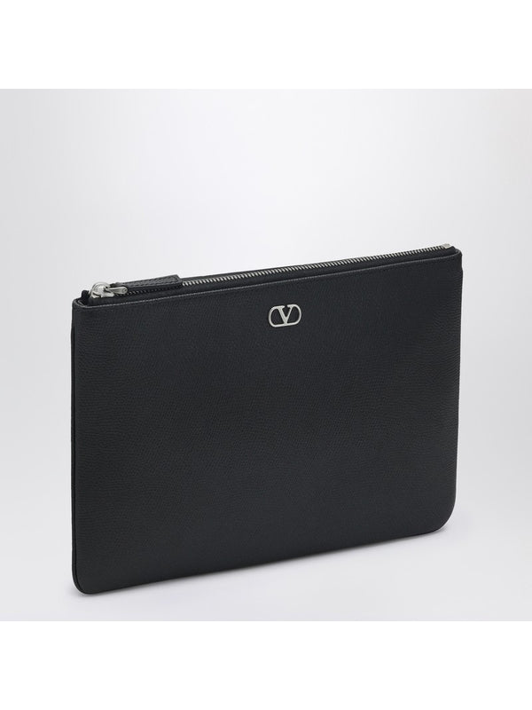 V Logo Signature Leather Pouch