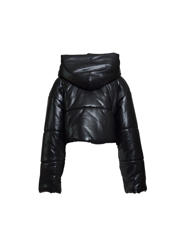 AVELINE Faux Leather Cropped Puffer Jacket
