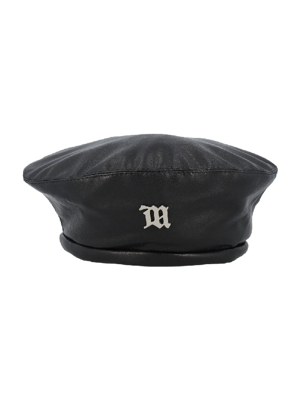 Metal Logo Faux Leather Beret