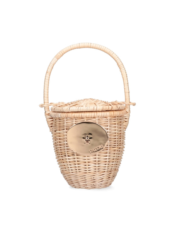 Metal-trim wicker mini bucket bag