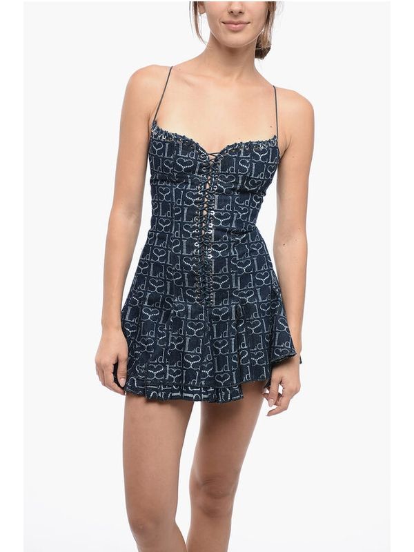 Monogram Sleeveless Lace-Up Denim Dress