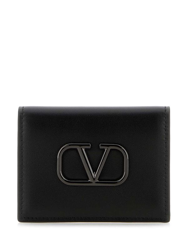 V Logo Leather Card Wallet