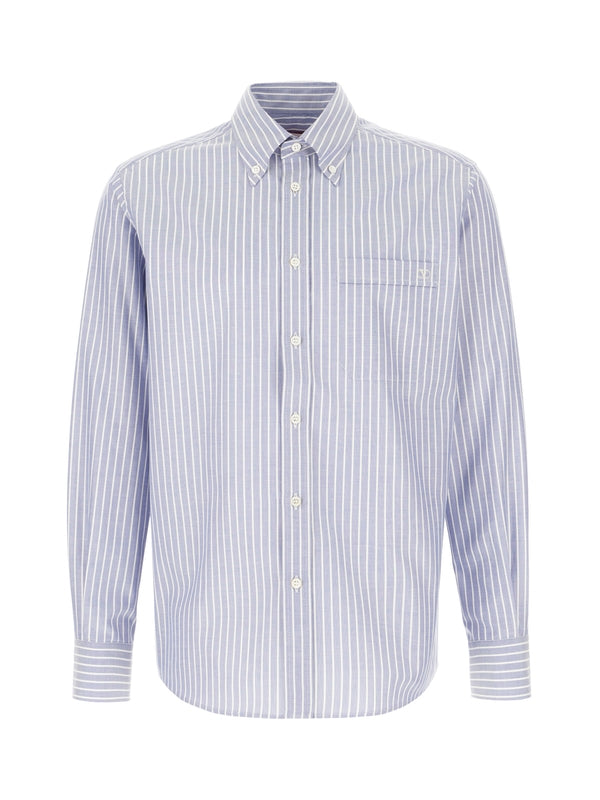 V Logo Embroidered Stripe Cotton Shirt