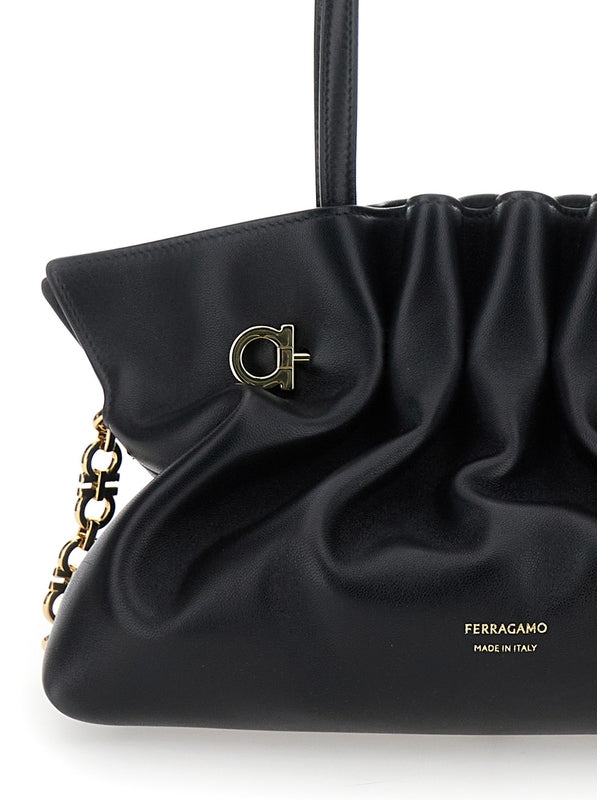 Black Crossbody Bag with Embossed Logo Lettering on the Front and Gancini in Leather Woman Tote Bags