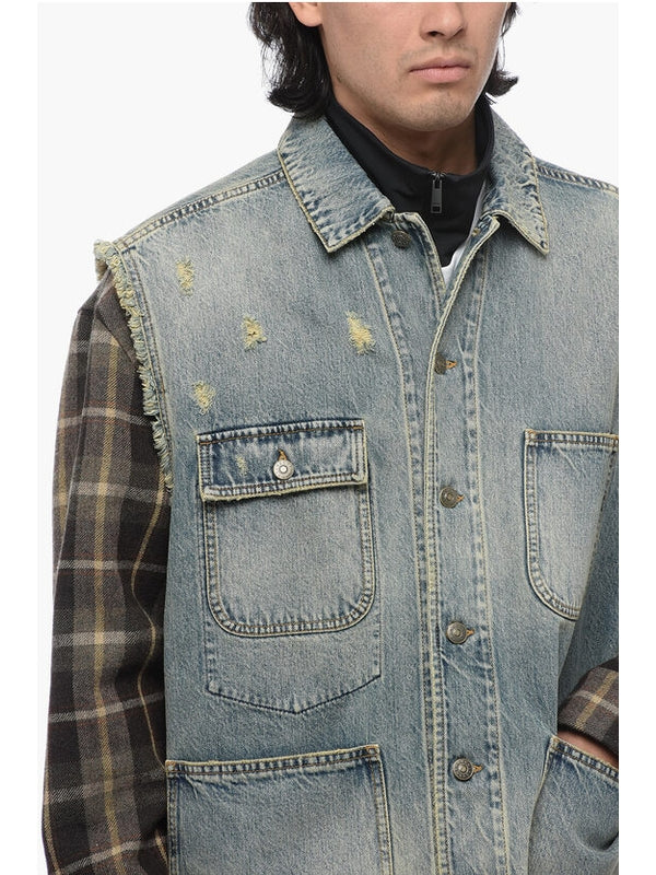 Check Shirt Sleeve Denim Jacket