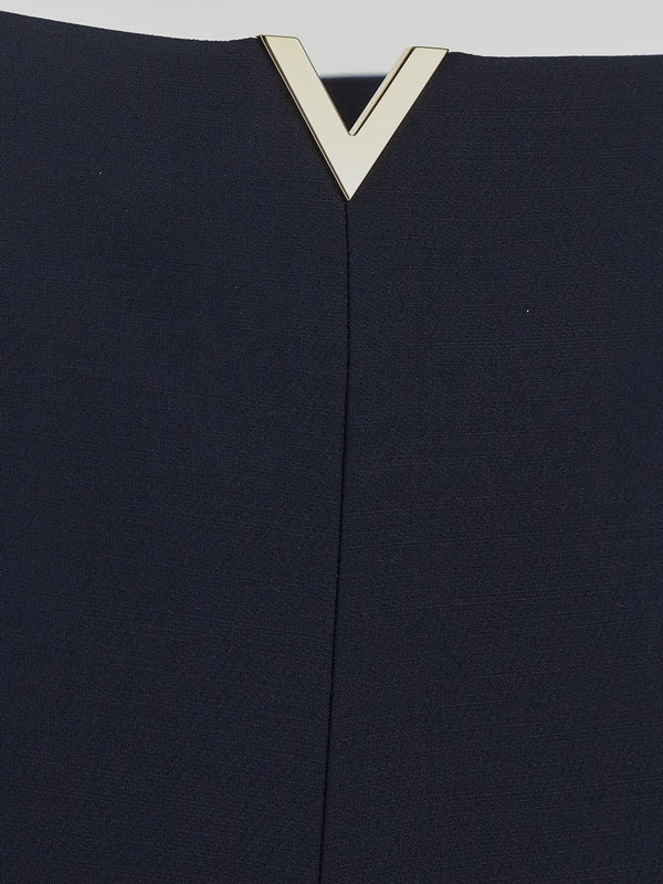 V logo Navy Wool Silk Shorts