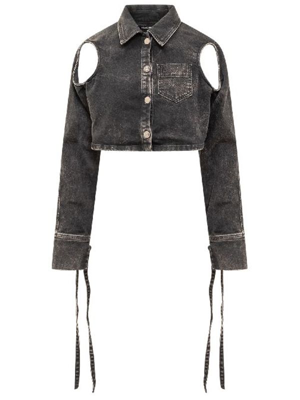 Cut-Out Washed Denim Crop Jacket