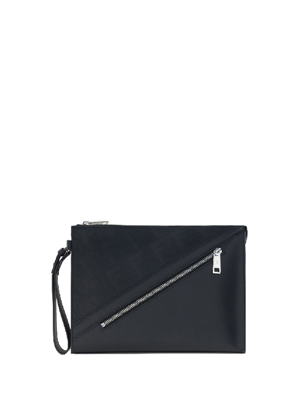 Ff Diagonal Leather Zipper Clutch Bag