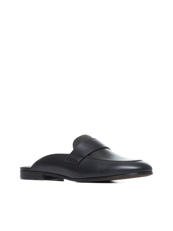 Black Leather Backless Loafers