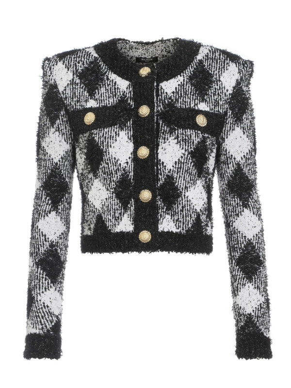 Argyle Check Pattern Gold Button Tweed Jacket