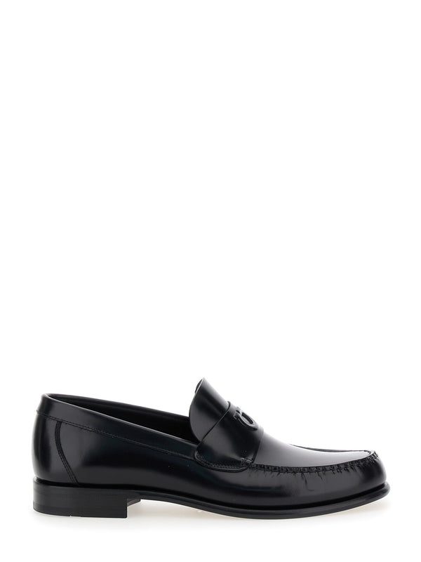 'Bart' Black Loafers with Embossed Gancini Detail on the Front in Leather Man Loafers