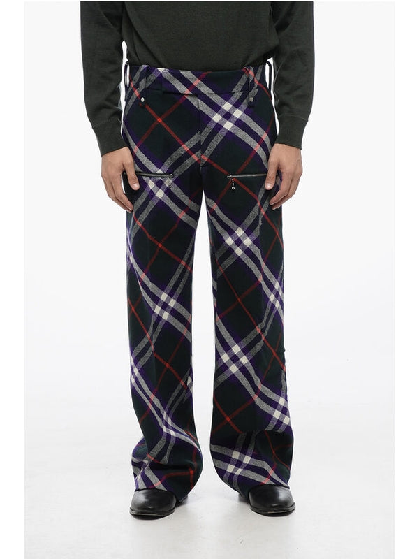 Zipper Detail Tartan Check Wool Pants