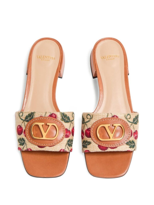 V Logo Decor Raffia Leather Slide