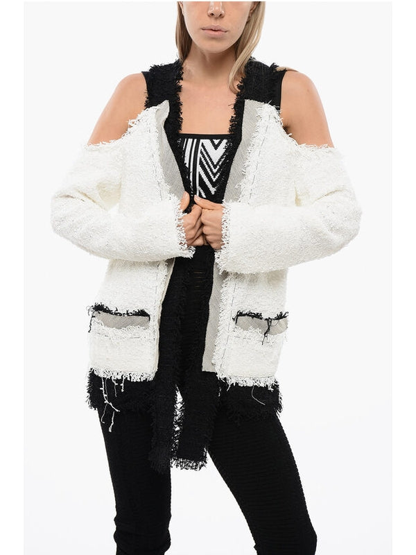 Shoulder Cutout Fringe Tweed Cardigan