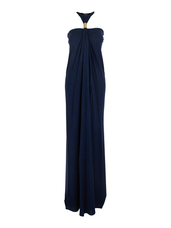 'Halterneck' Blue Long Dress with Neckline and Open Back in Viscose Jersey Woman Long Dress