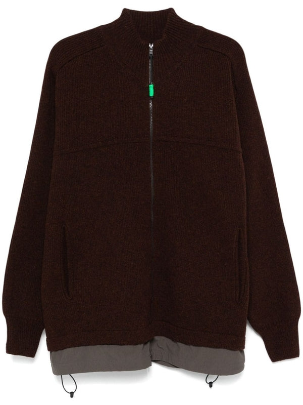 Nylon Panel High Neck Wool Zip-Up Cardigan